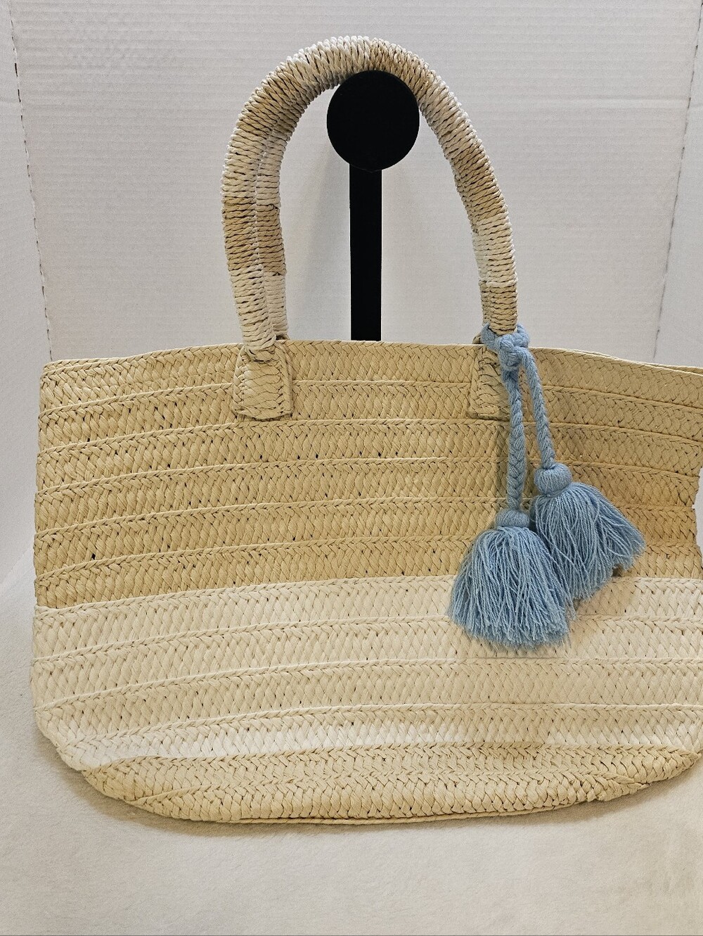 Altru Beige Woven Tote with Light Blue Tassels